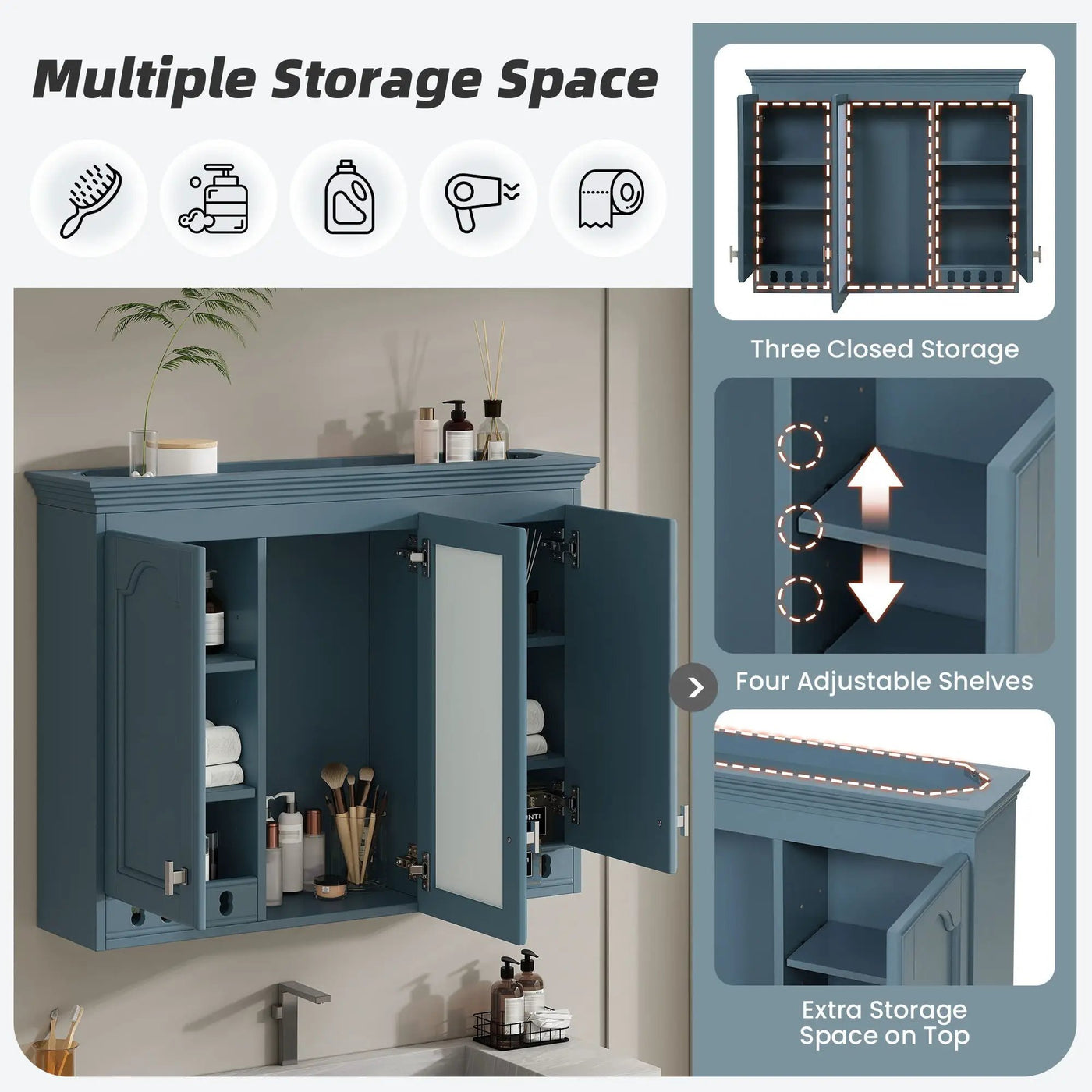 Wall Mount Mirror Cabinet With Adjustable Shelves, Soft Closing Hinges by HouseOfZazla