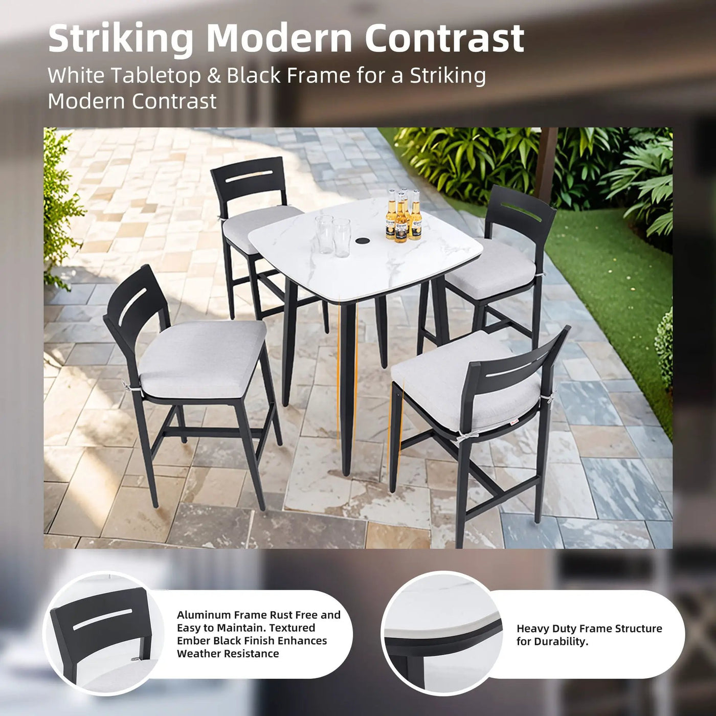 Modern Outdoor Patio Bar Set, Rounded Square Table & Bar Chairs, Non Rust Frame, Tapered Legs, Sunbrella Cushion by HouseOfZazla