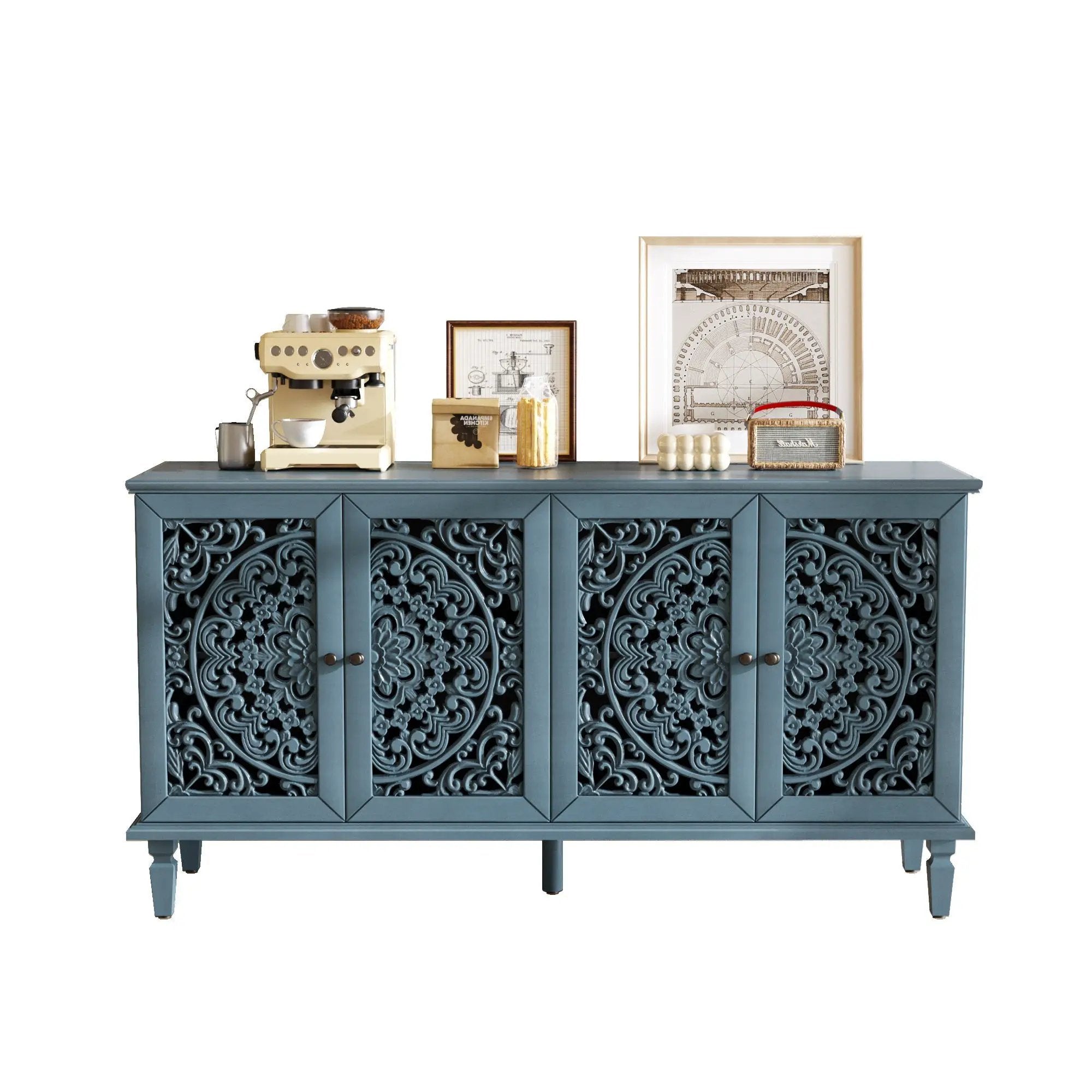 60" Antique Buffet Cabinet with Floral Carvings and Adjustable Shelves by HouseOfZazla