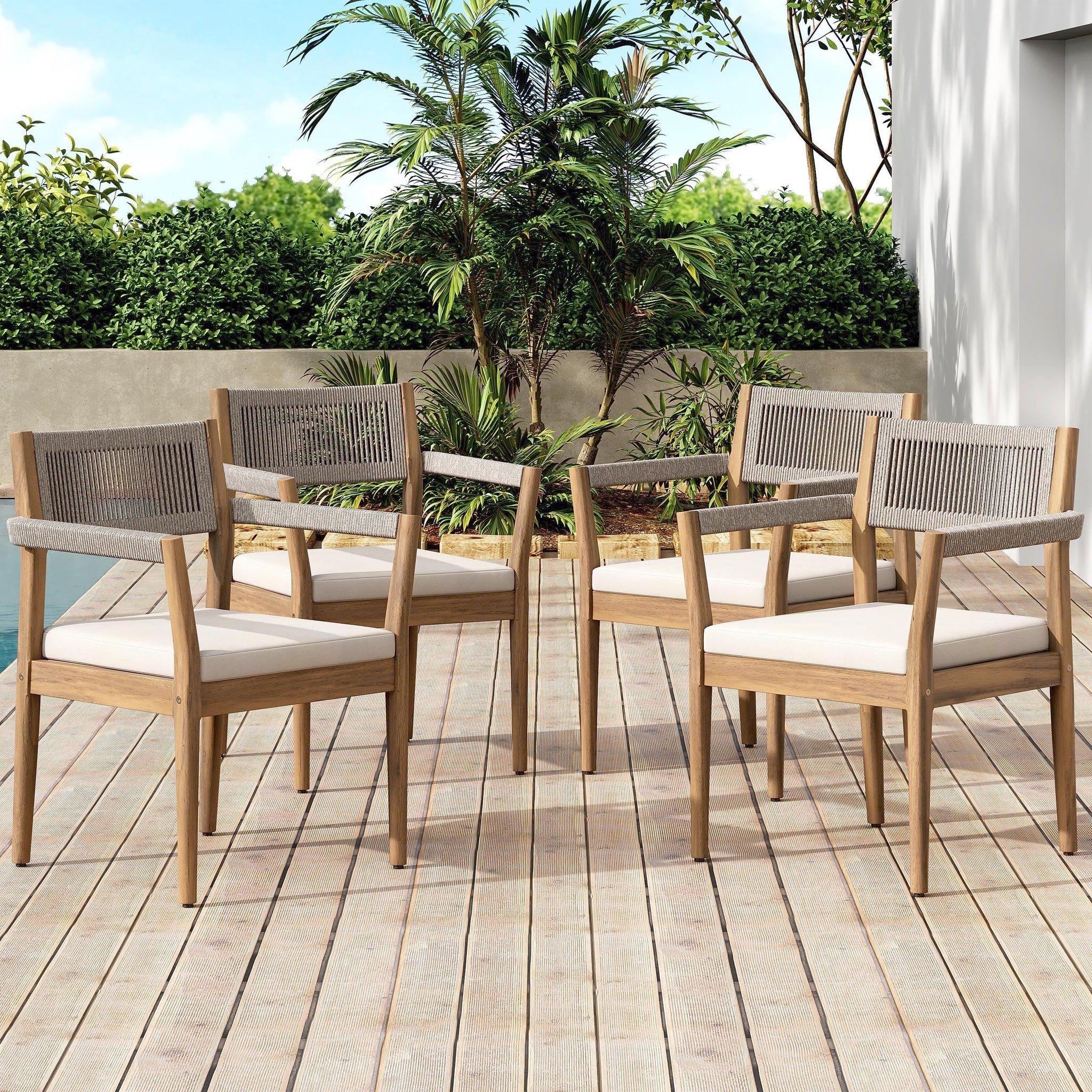 Braided Acacia Wood Outdoor Dining Chairs Set of 4 – Teak Look with Beige Rope & Cream Cushions by HouseOfZazla