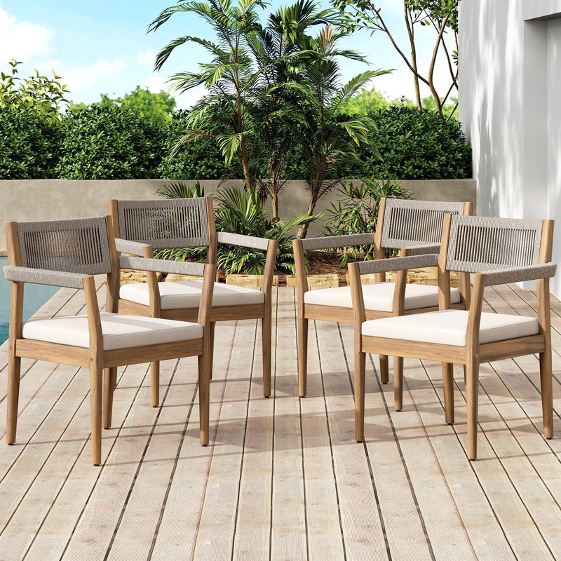 Braided Acacia Wood Outdoor Dining Chairs Set of 4 – Teak Look with Beige Rope & Cream Cushions by HouseOfZazla