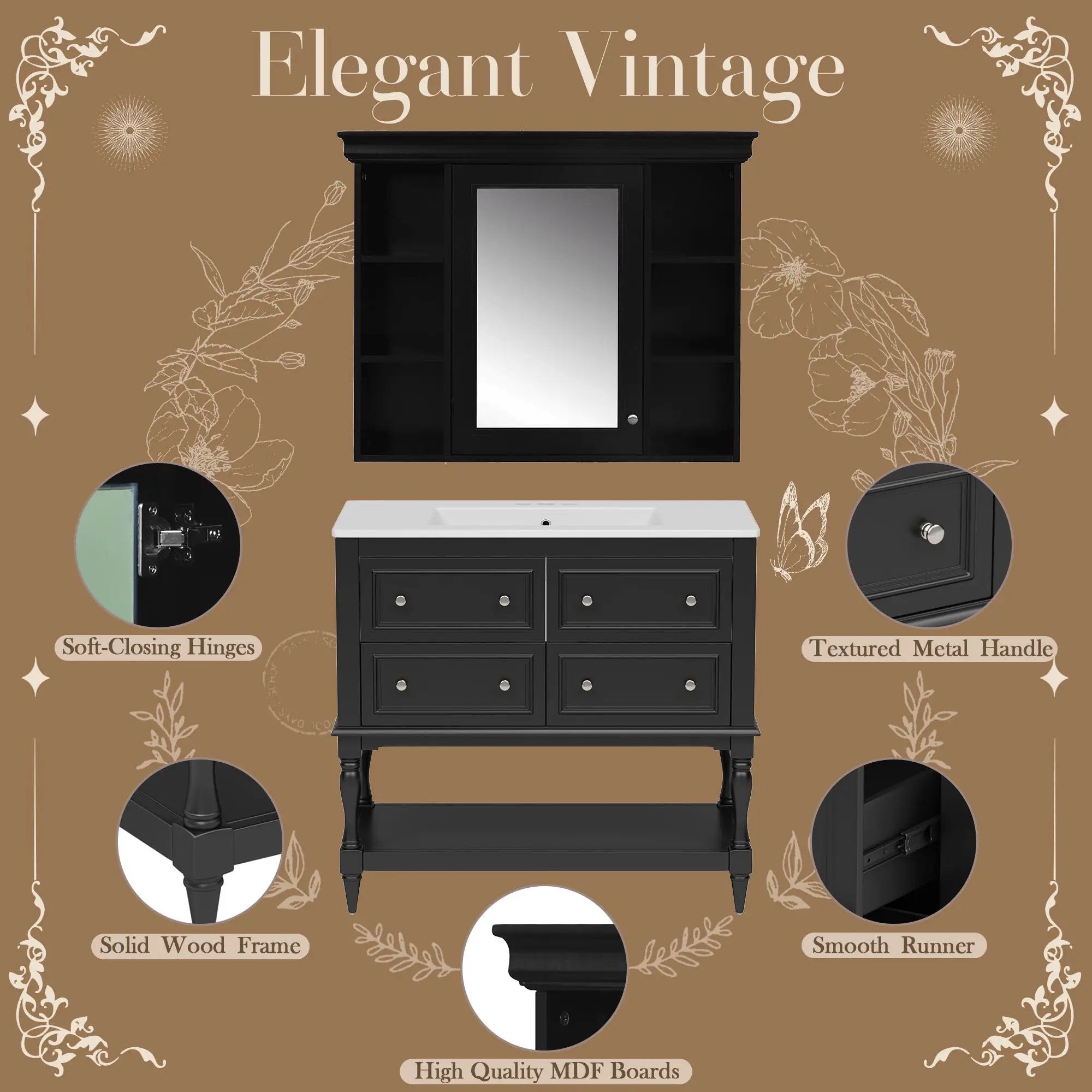 Bathroom Vanity With Medicine Cabinet, Storage Cabinet With 4 Drawers, Adjustable Shelf Mirror by Unique Piece Furniture