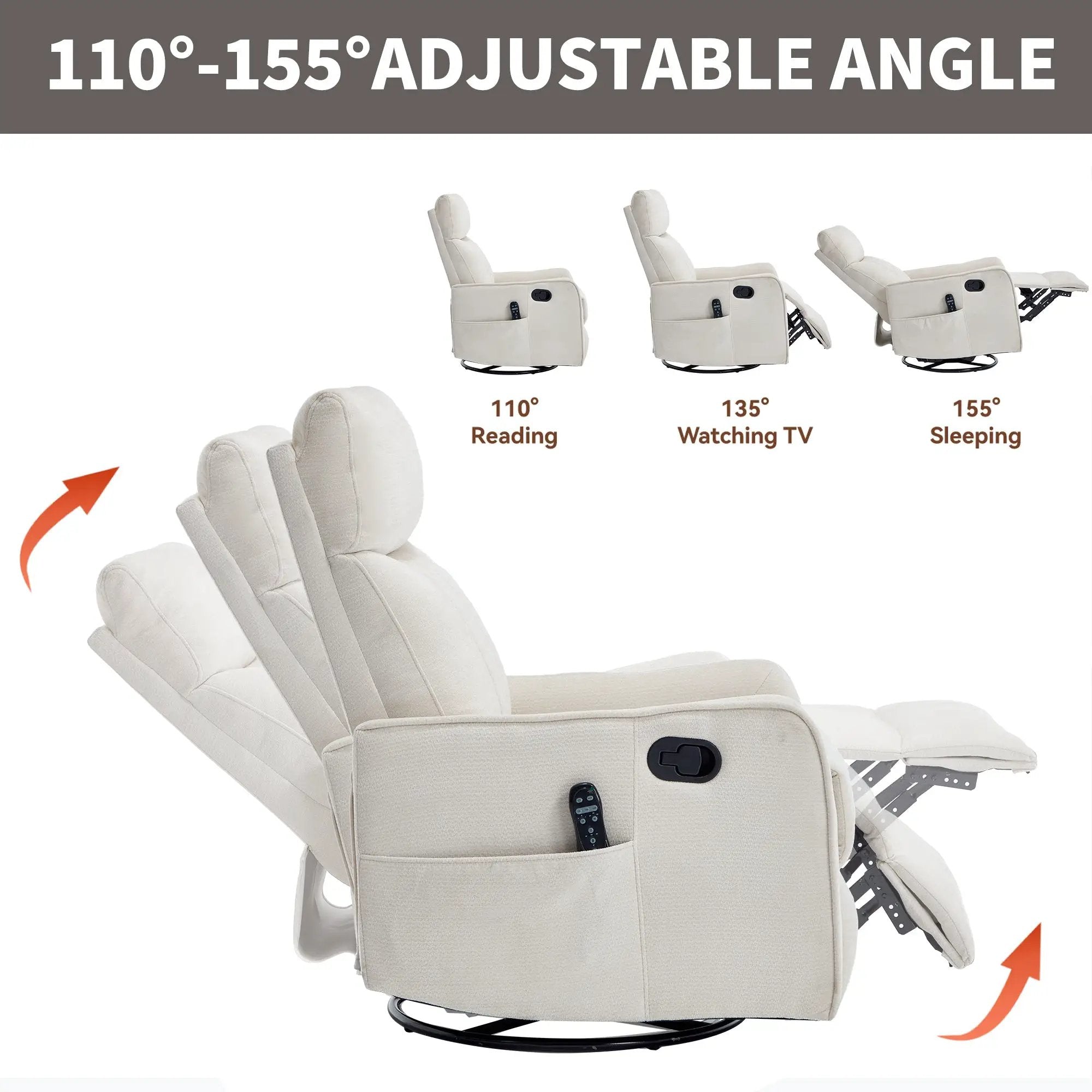 Beige Heat Massage Manual Recliner Chair with Rocker and Swivel by HouseOfZazla