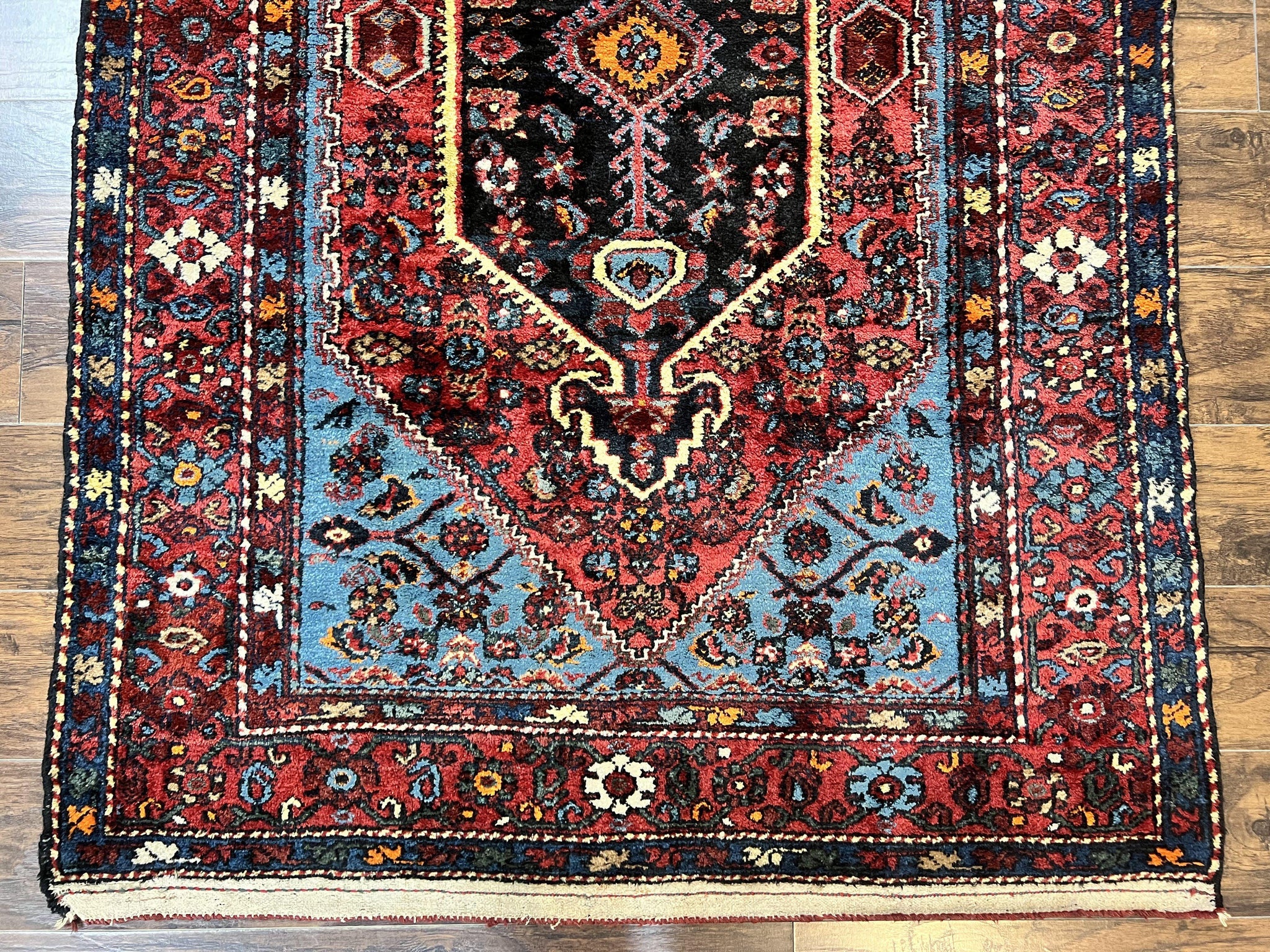 Antique Persian Tribal Rug 4x7, Wool Handmade 1920s Carpet, Red Blue, Persian Hamadan Rug by Jewel Rugs