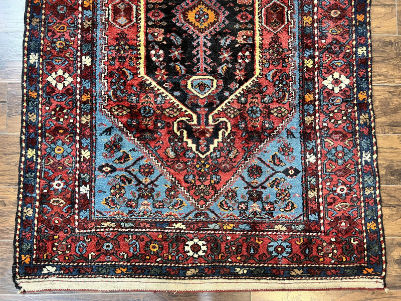 Antique Persian Tribal Rug 4x7, Wool Handmade 1920s Carpet, Red Blue, Persian Hamadan Rug by Jewel Rugs