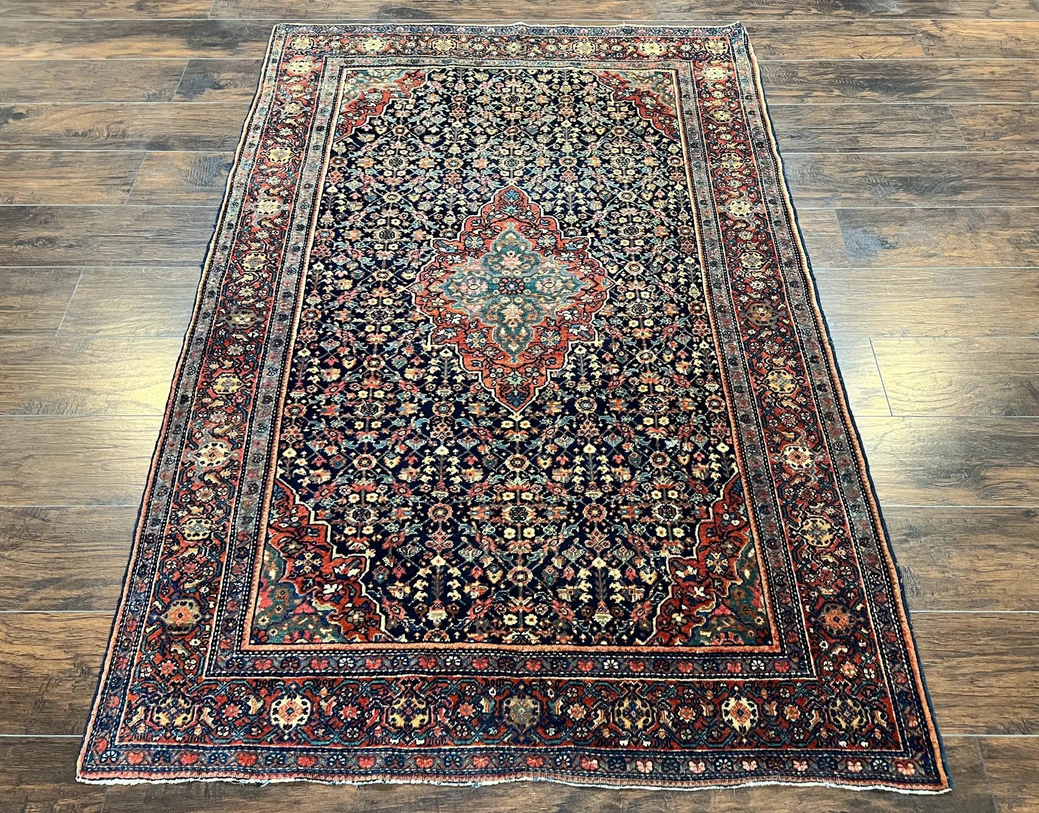 Persian Rug 4x7 Antique Sarouk Farahan Carpet, Navy Blue and Red Wool Rug by Jewel Rugs