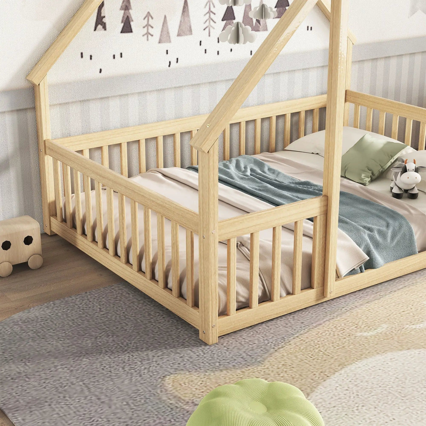 Wood House-Shaped Floor Bed With Fence, Guardrails by HouseOfZazla