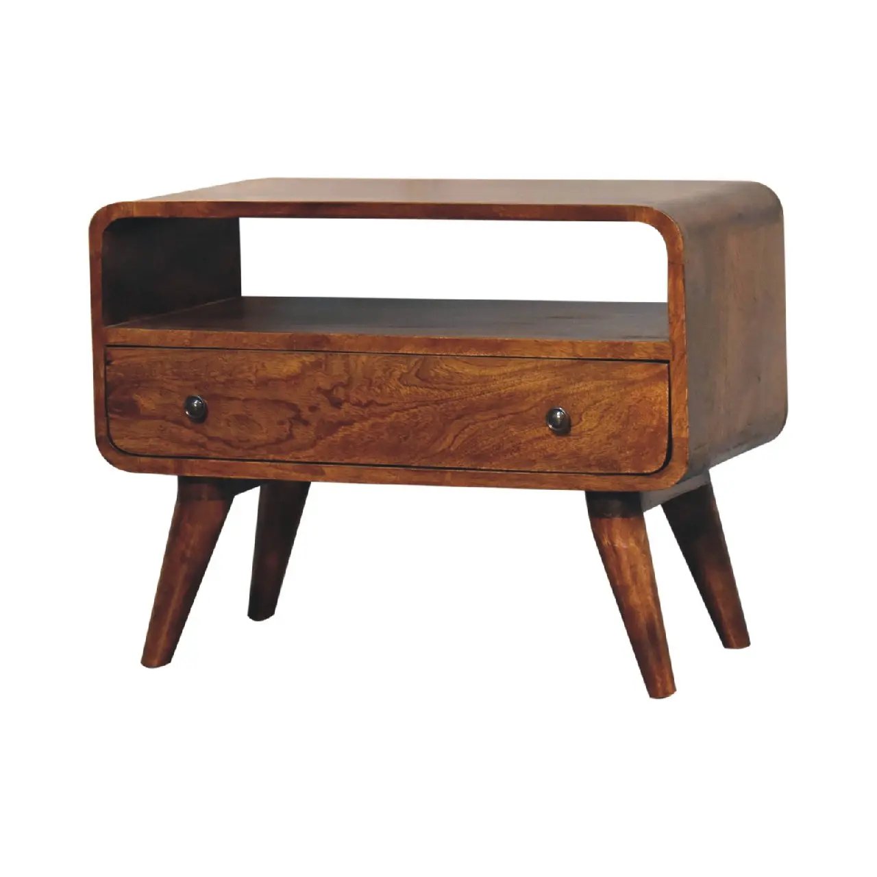 Solid Wood Mini Curved Media Unit, Chestnut, 1-Drawer, 1 Open Slot by HouseOfZazla