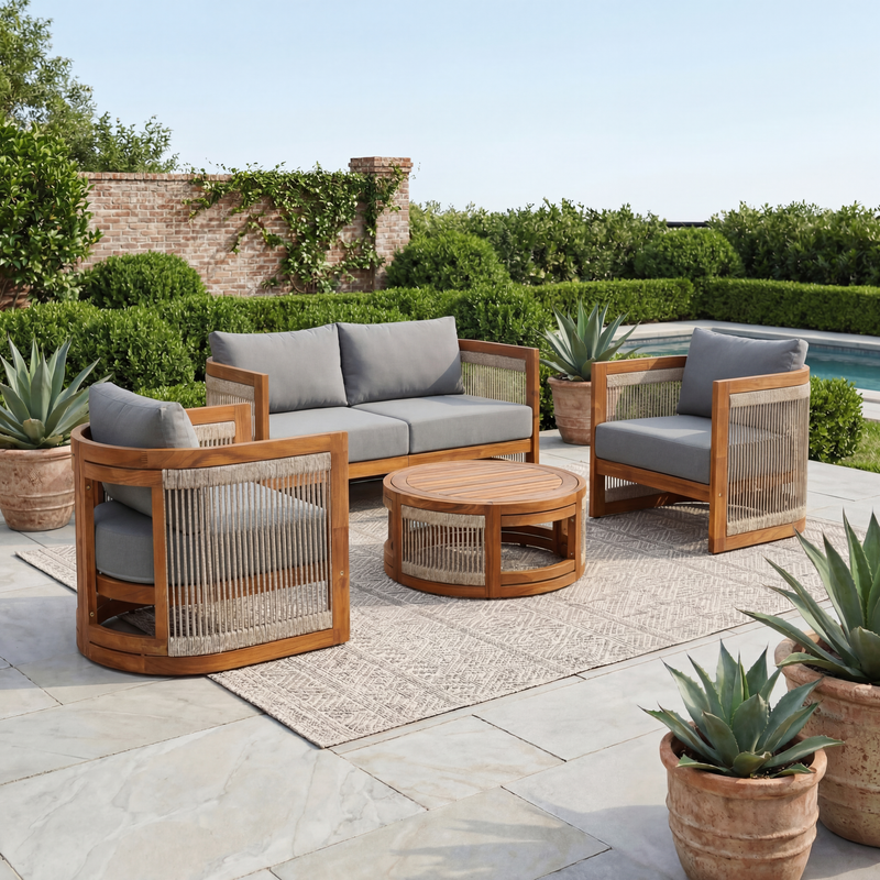 4-Piece Patio Seating Group w/ 2 Chairs, Loveseat & Table Premium Acacia Wood Outdoor Furniture Set,  Curved Tub Design with Woven Rope Accents, Water-Resistant Cushions, All-Weather Slat Construction