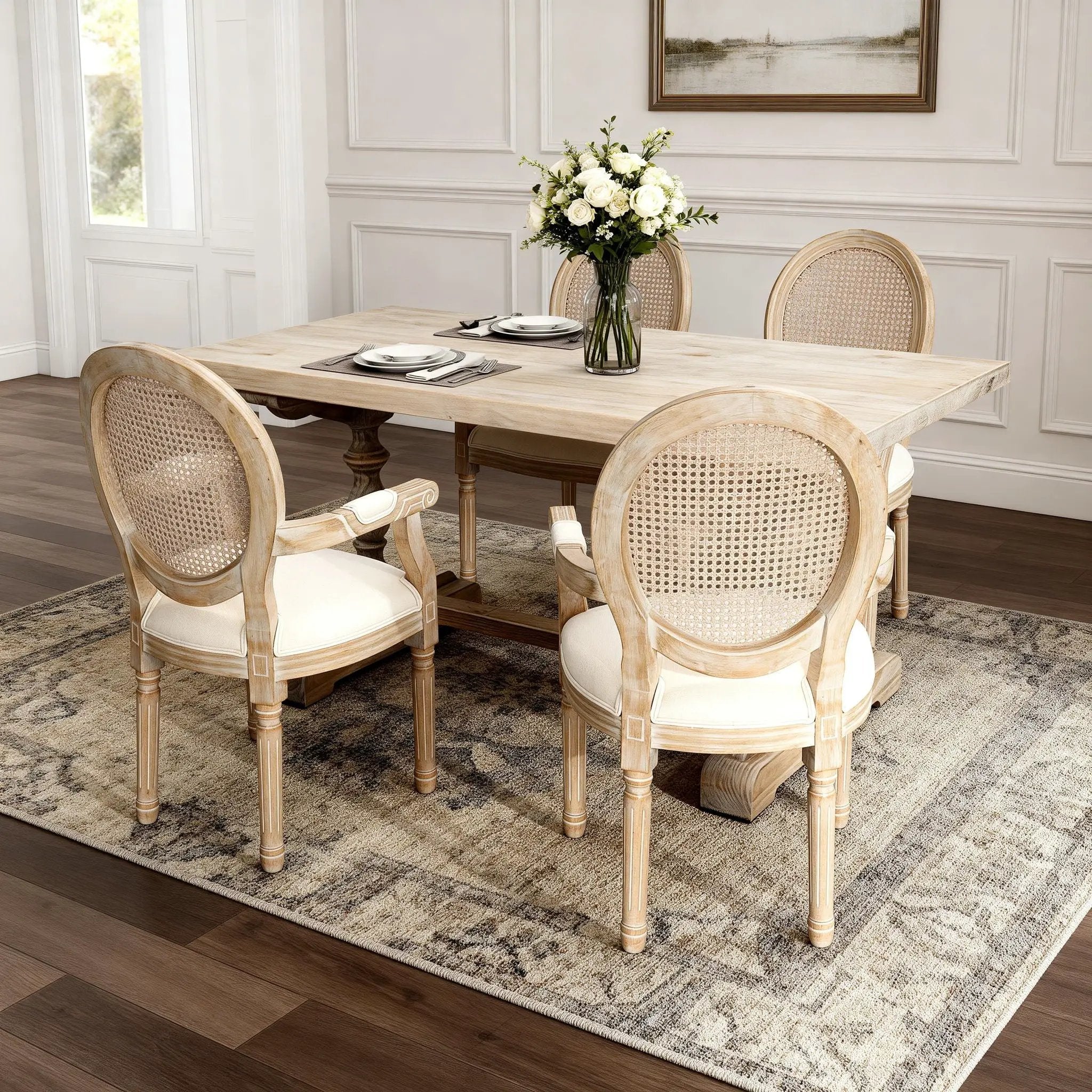 French Vintage Upholstered Fabric Dining Armchair (Set of 2) - Beige by HouseOfZazla