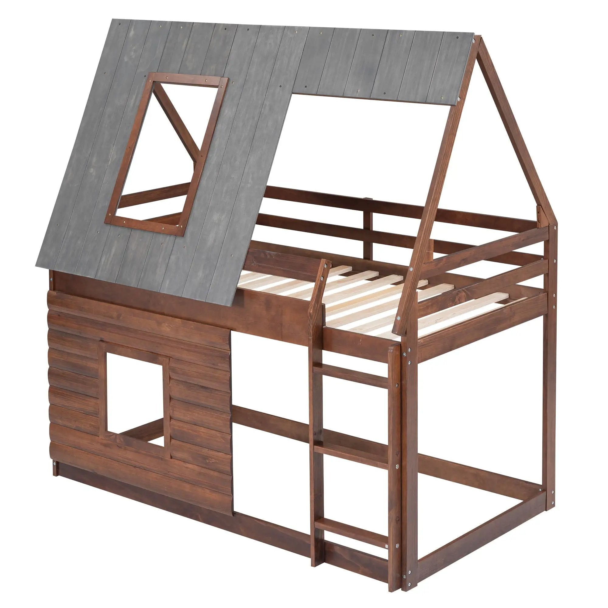 Wood Twin Size House Bunk Bed With Roof, Ladder And 2 Windows - Oak & Smoky Gray by HouseOfZazla