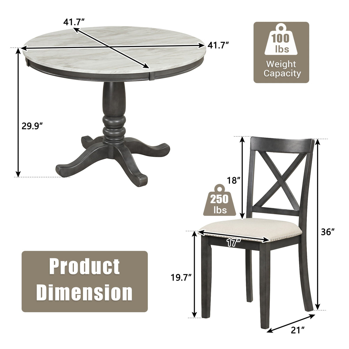 Solid Wood 5 Piece Dining Room Set with Table and 4 Chairs - White or Dark Gray, photo 18 of 40