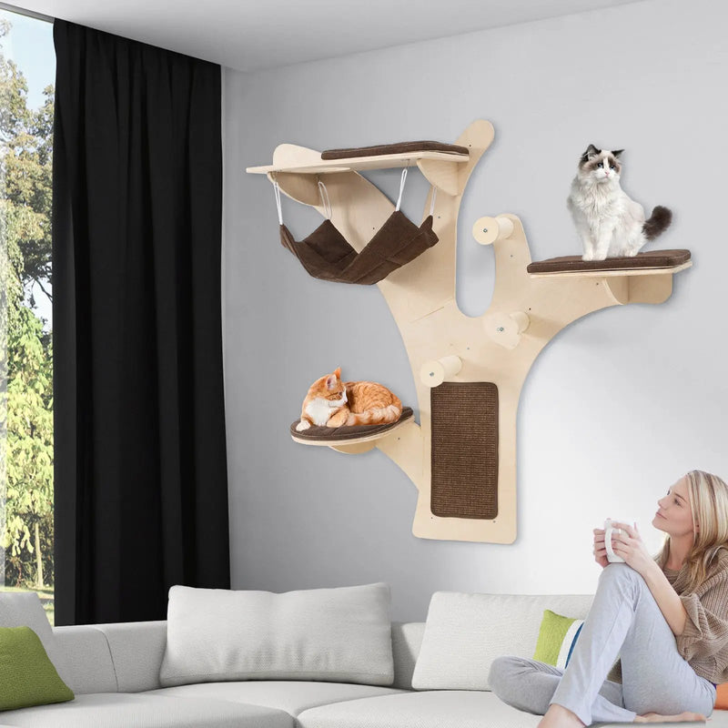Wall-Mounted Cat Tower Cat Wall Shelves Furniture with Perch-Brown by DirectDeals