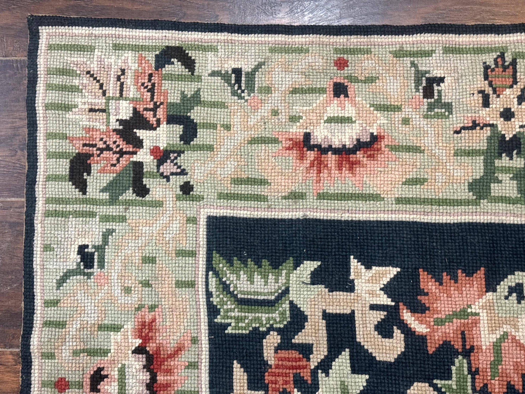 Vintage American Needlepoint Rug 4x6, Dark Green, Wool, Handmade, Flatweave Carpet by Jewel Rugs