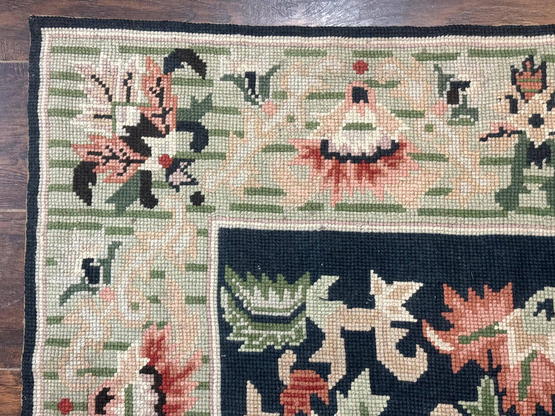Vintage American Needlepoint Rug 4x6, Dark Green, Wool, Handmade, Flatweave Carpet by Jewel Rugs