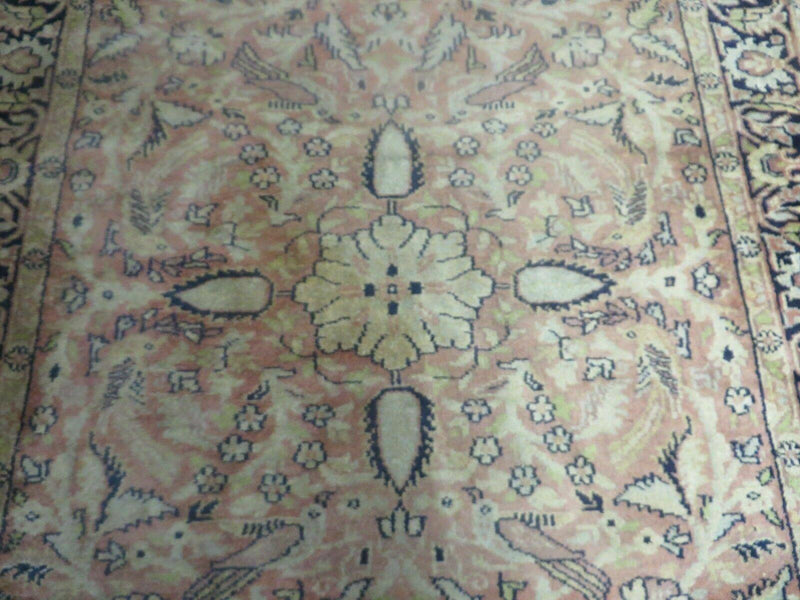 Indian Silk Rug 4x6, Indian Kashmiri Silk Carpet 4 x 6 ft, Vintage Hand Knotted Floral Bird Motifs, Light Pink and Navy Blue, Silk on Cotton by Jewel Rugs