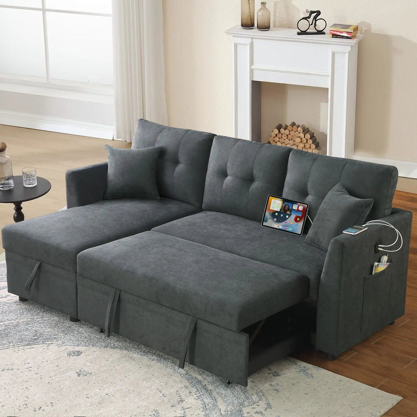 Sectional Sofa Bed L Shaped Sofa Couch Bed With USB Port, Reversible Chaise With Storage by HouseOfZazla