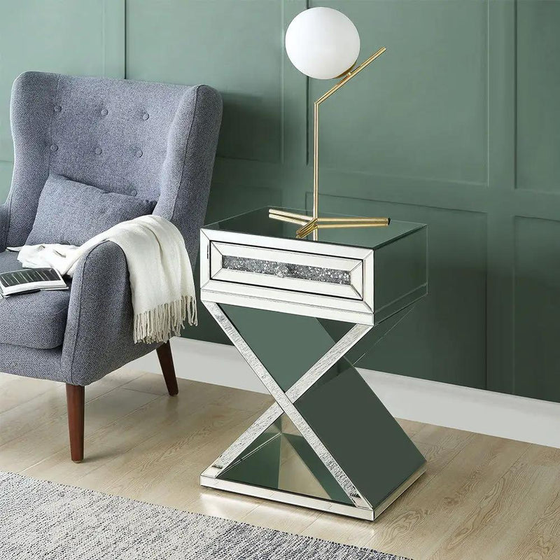 Noralie - Accent Table, X-Shaped Base - Mirrored & Faux Diamonds by Unique Piece Furniture