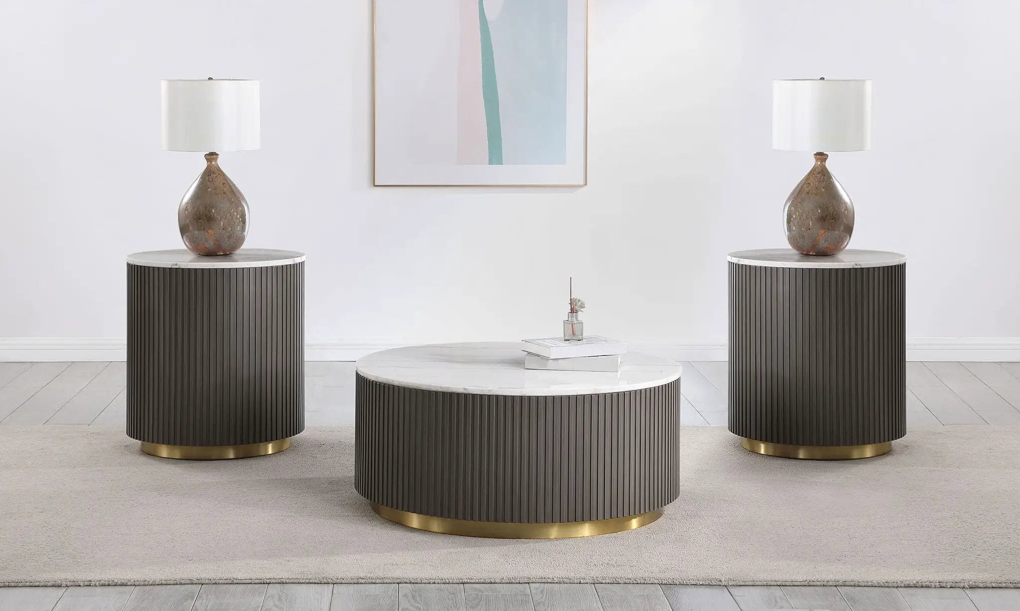 Jason 3-piece Round White Marble Coffee Table Set Charcoal by Unique Piece Furniture