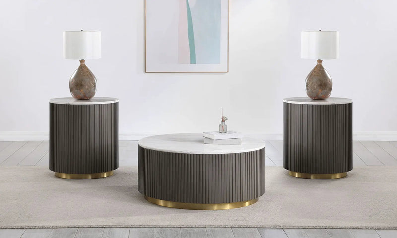Jason 3-piece Round White Marble Coffee Table Set Charcoal by Unique Piece Furniture