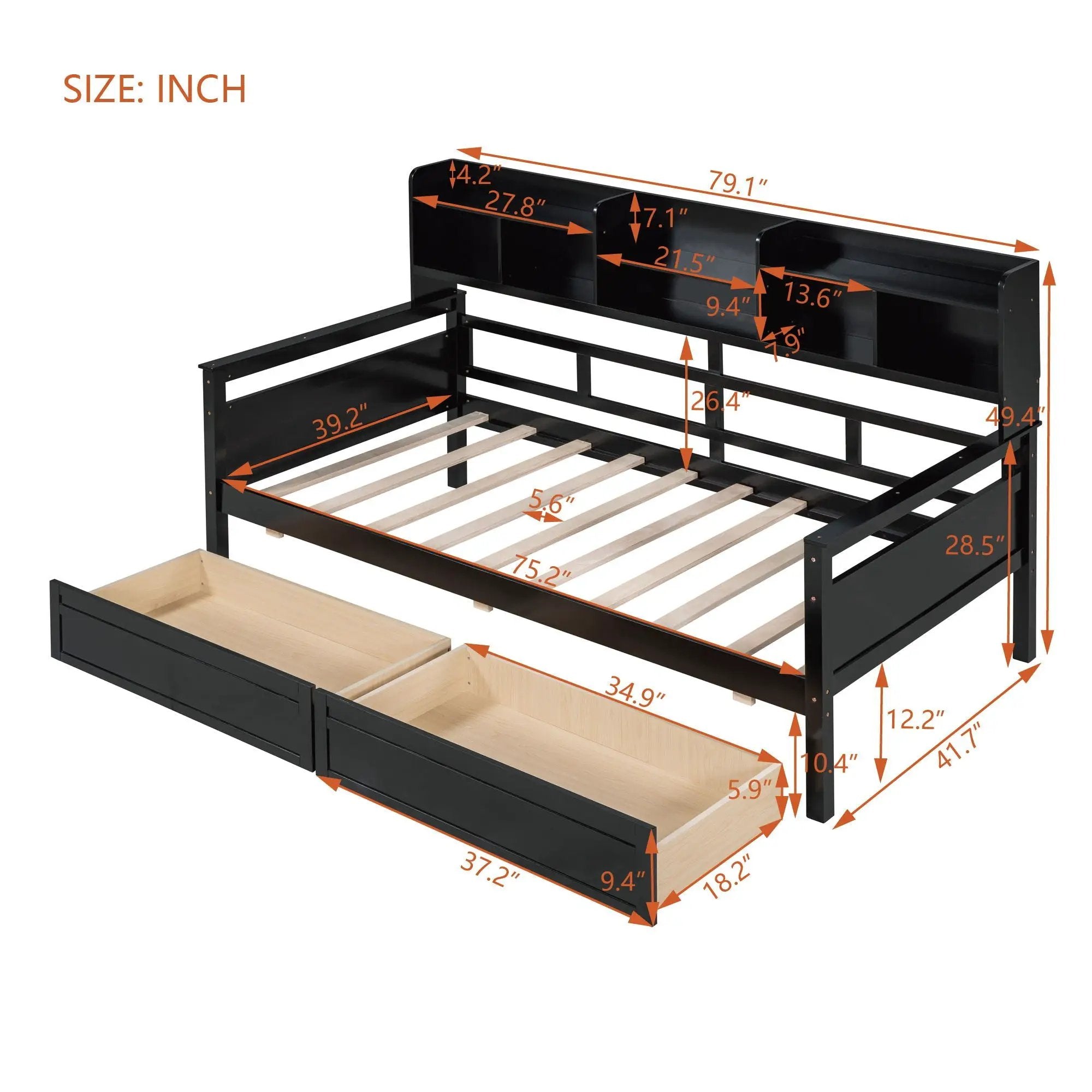 Daybed, Slat Support, With Bedside Shelves And 2 Drawers by HouseOfZazla