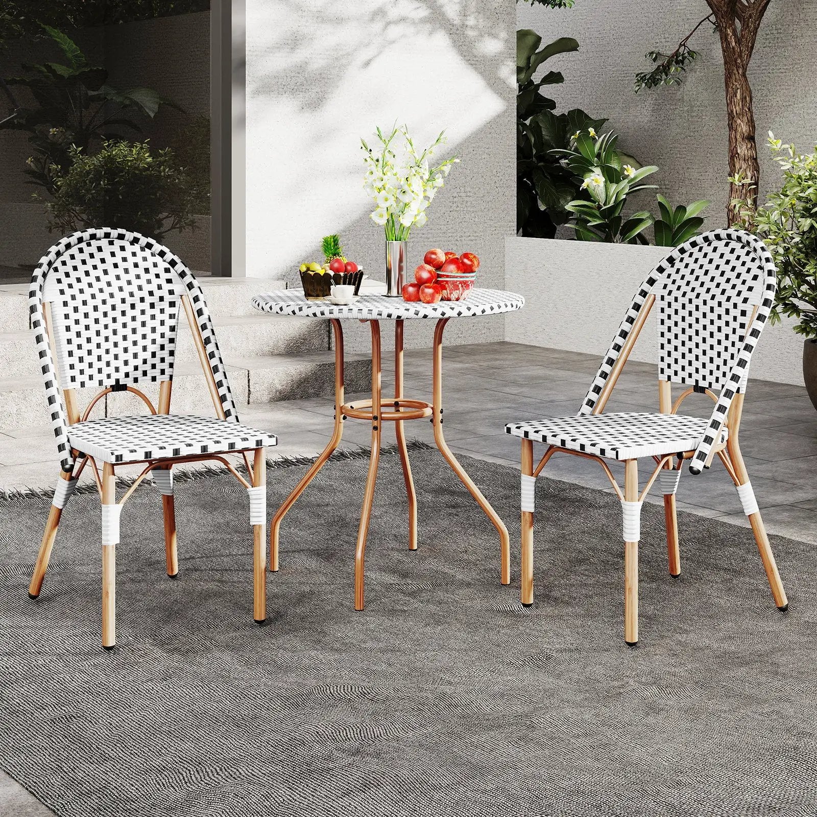 3 Piece French Bistro Table Chair Set with Outdoor Wicker Round Table and 2 Dining Chairs by DirectDeals
