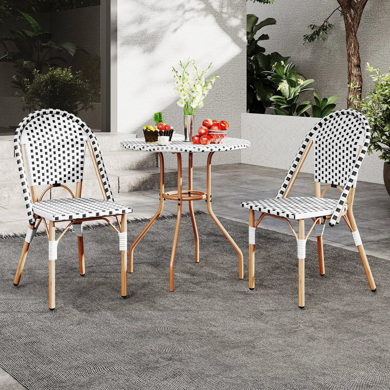 3 Piece French Bistro Table Chair Set with Outdoor Wicker Round Table and 2 Dining Chairs by DirectDeals