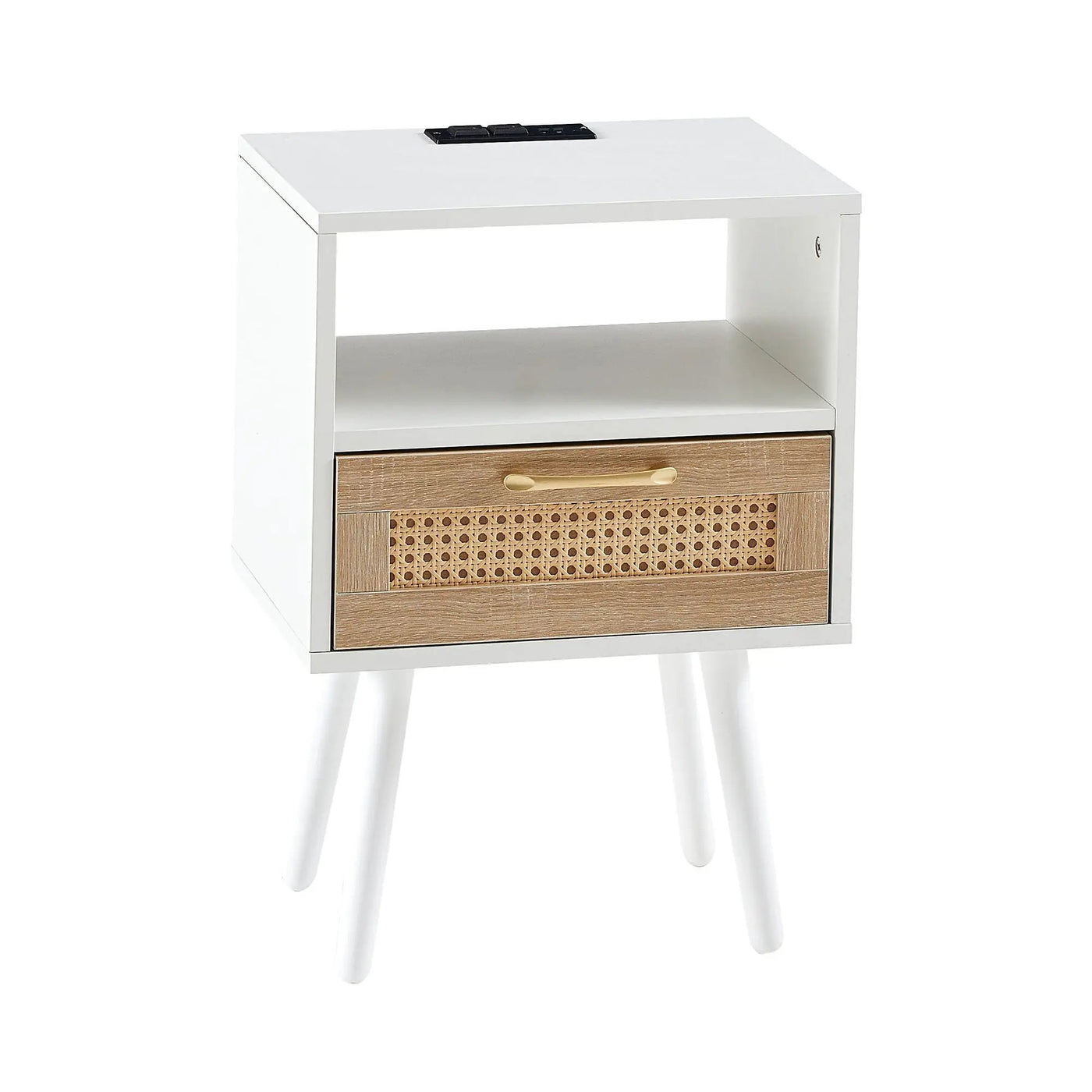 15.75" Rattan End Table With Power Outlet & USB Ports, Modern Nightstand With Drawer And Solid Wood Legs, Side Table For Living Room, Bedroom by HouseOfZazla
