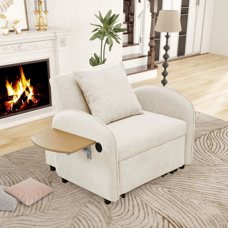 Convertible Single Chair Bed With Computer Board And USB Ports, 3 In 1 Sofa Bed - Beige by HouseOfZazla