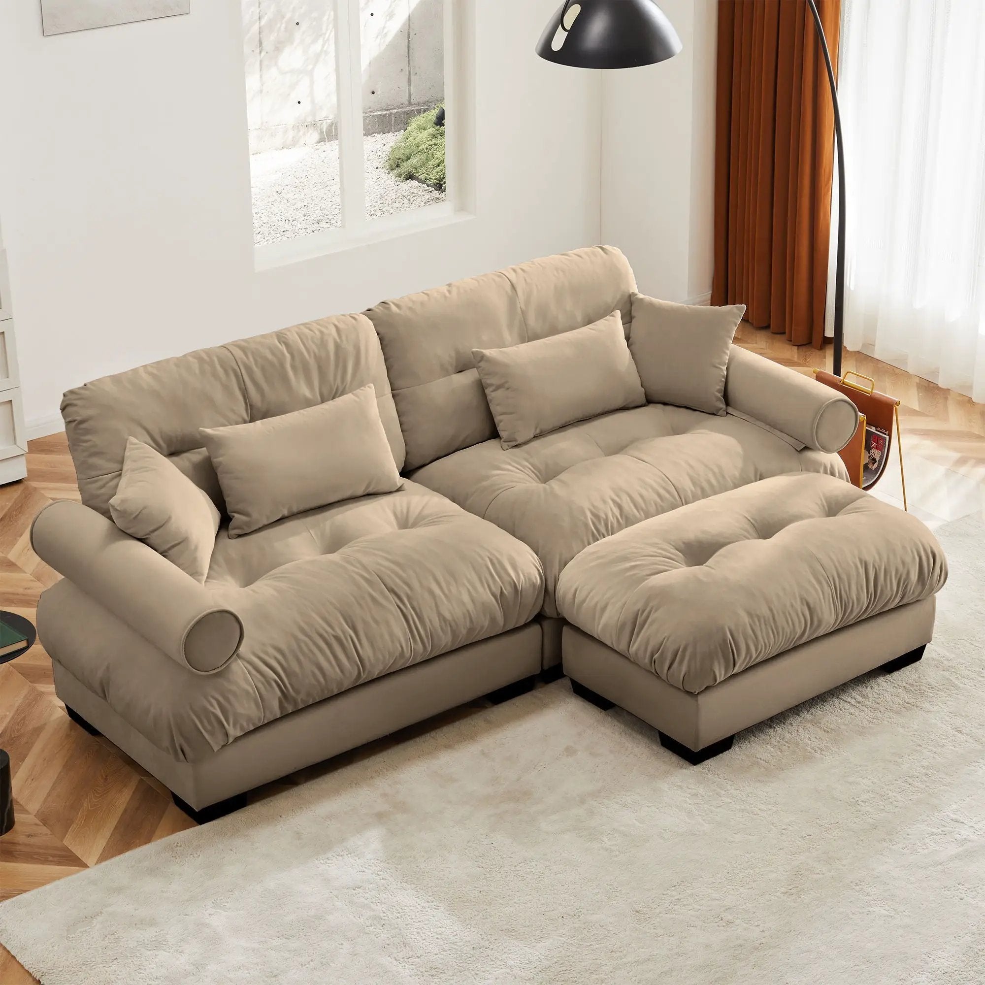 Modern Sectional Sofa With Ottoman, Round Bolster Armrests, Waist And Throw Pillows by Unique Piece Furniture