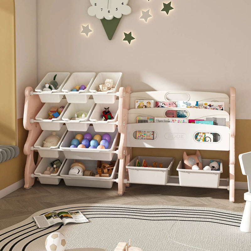 Kids Toy Storage Organizer With 2 Tier Bookshelf, Toy Storage With 12 Bins by Unique Piece Furniture