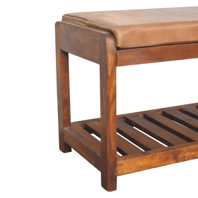 Solid Wood Small Buffalo Slatted Bench, Leather Upholstered, Open Storage by HouseOfZazla