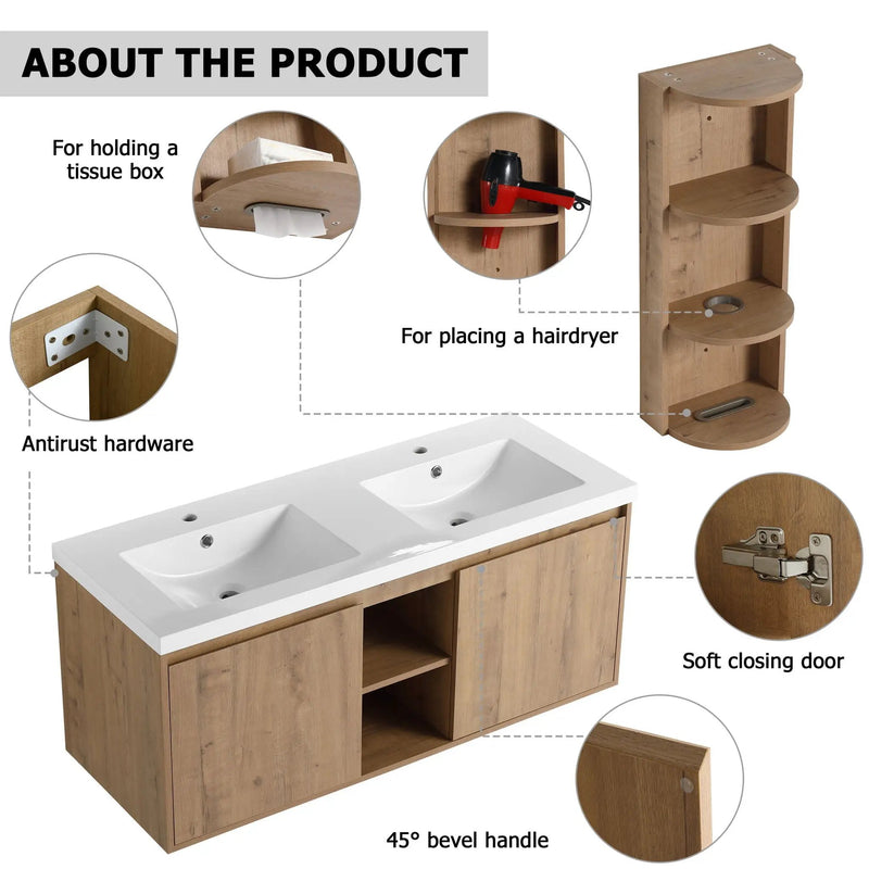 48" Wall Mounted Bathroom Vanity With Double Resin Sink And Storage Rack Soft Close Doors Plywood Construction - Imitative Oak by HouseOfZazla