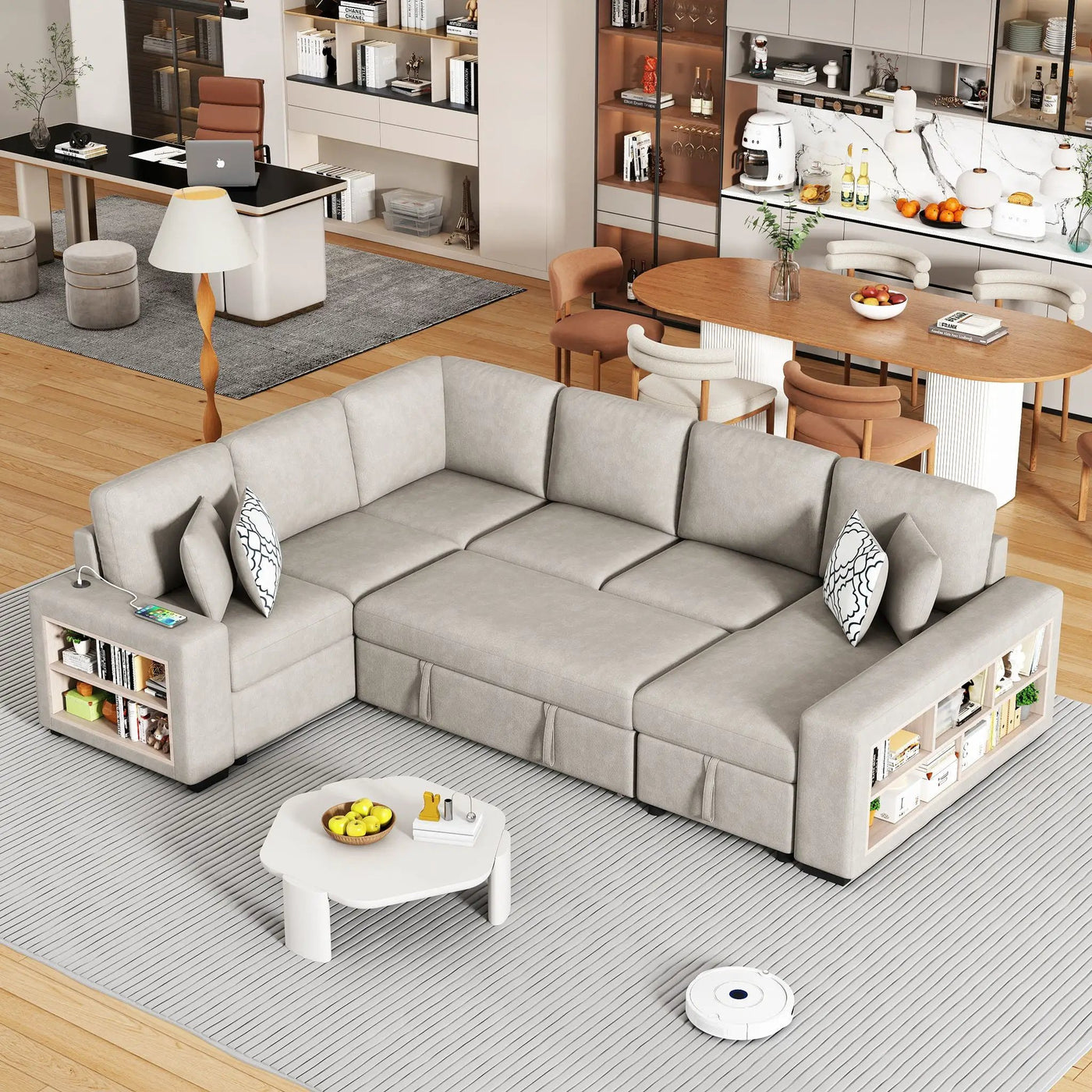 U-Shaped Sectional Sofa Pull-Out Sofa Bed With Two USB Ports, A Storage Chaise Lounge And Four Back Pillows For Living Room by HouseOfZazla