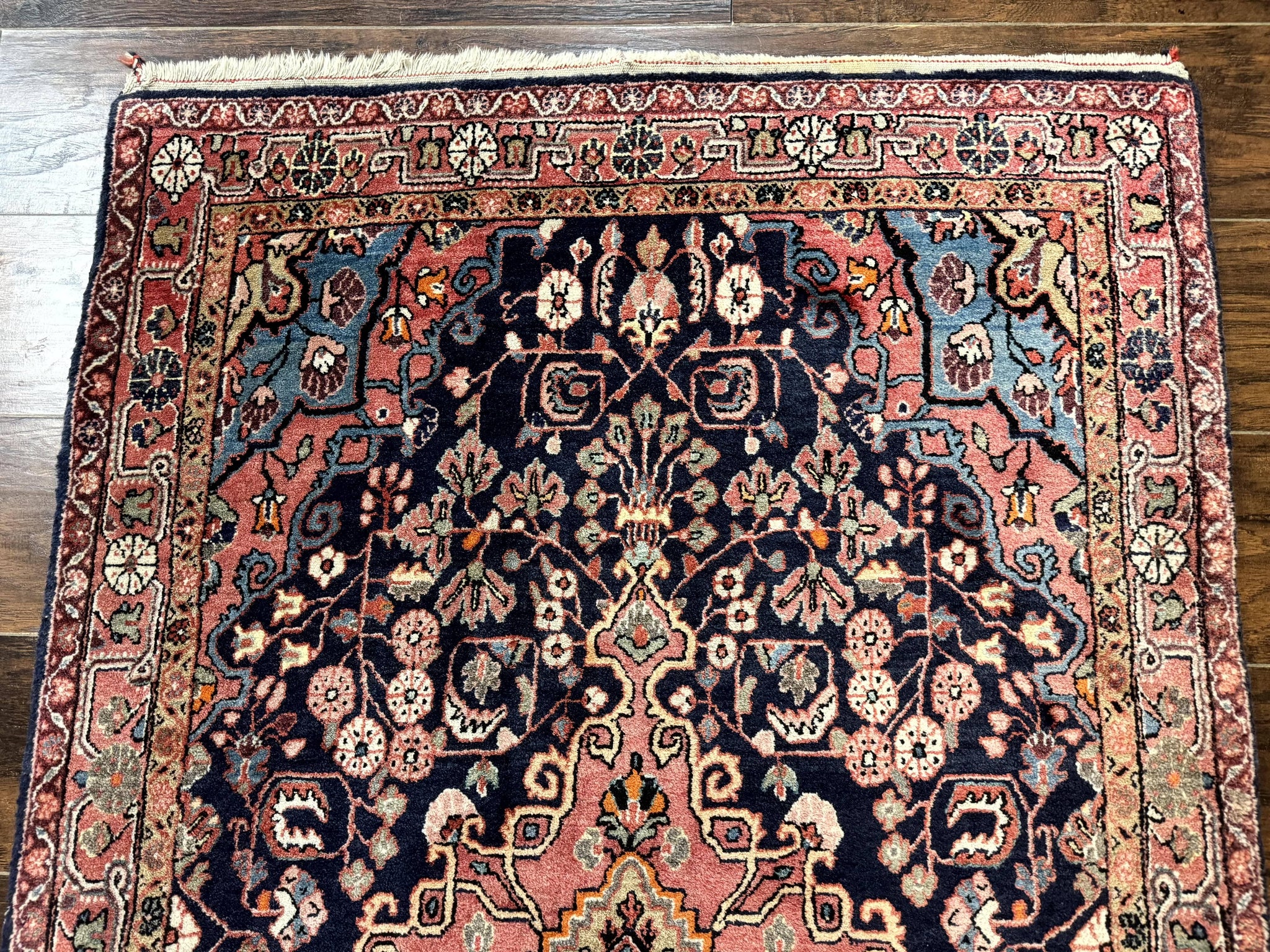Persian Rug 3x5, Jozan Sarouk Rug, Navy Blue and Coral, Medallion Rug, Semi Antique by Jewel Rugs