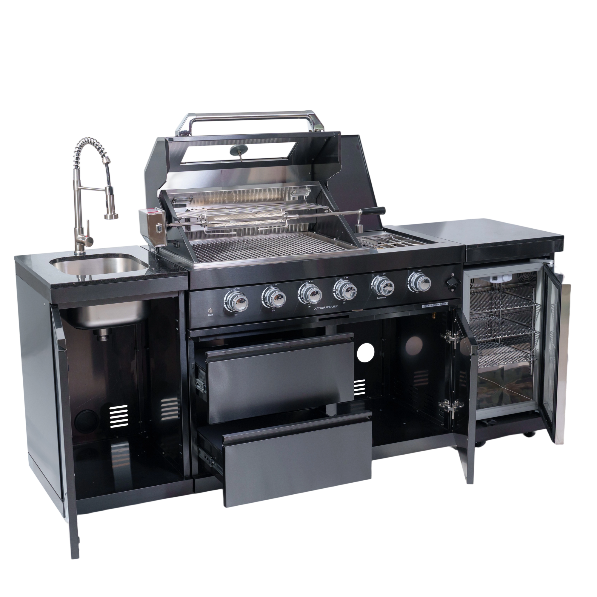 NG 85" 4-Burner 72,000 BTU Black Outdoor Kitchen Island Grill + Refrigerator + Sink by Chery Industrial