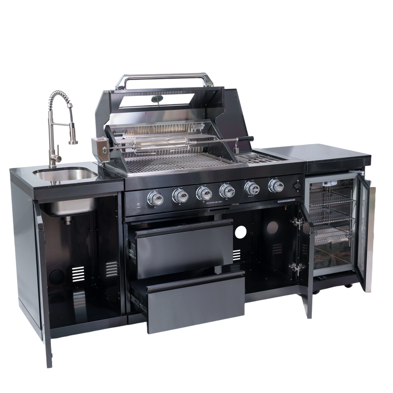 NG 85" 4-Burner 72,000 BTU Black Outdoor Kitchen Island Grill + Refrigerator + Sink by Chery Industrial