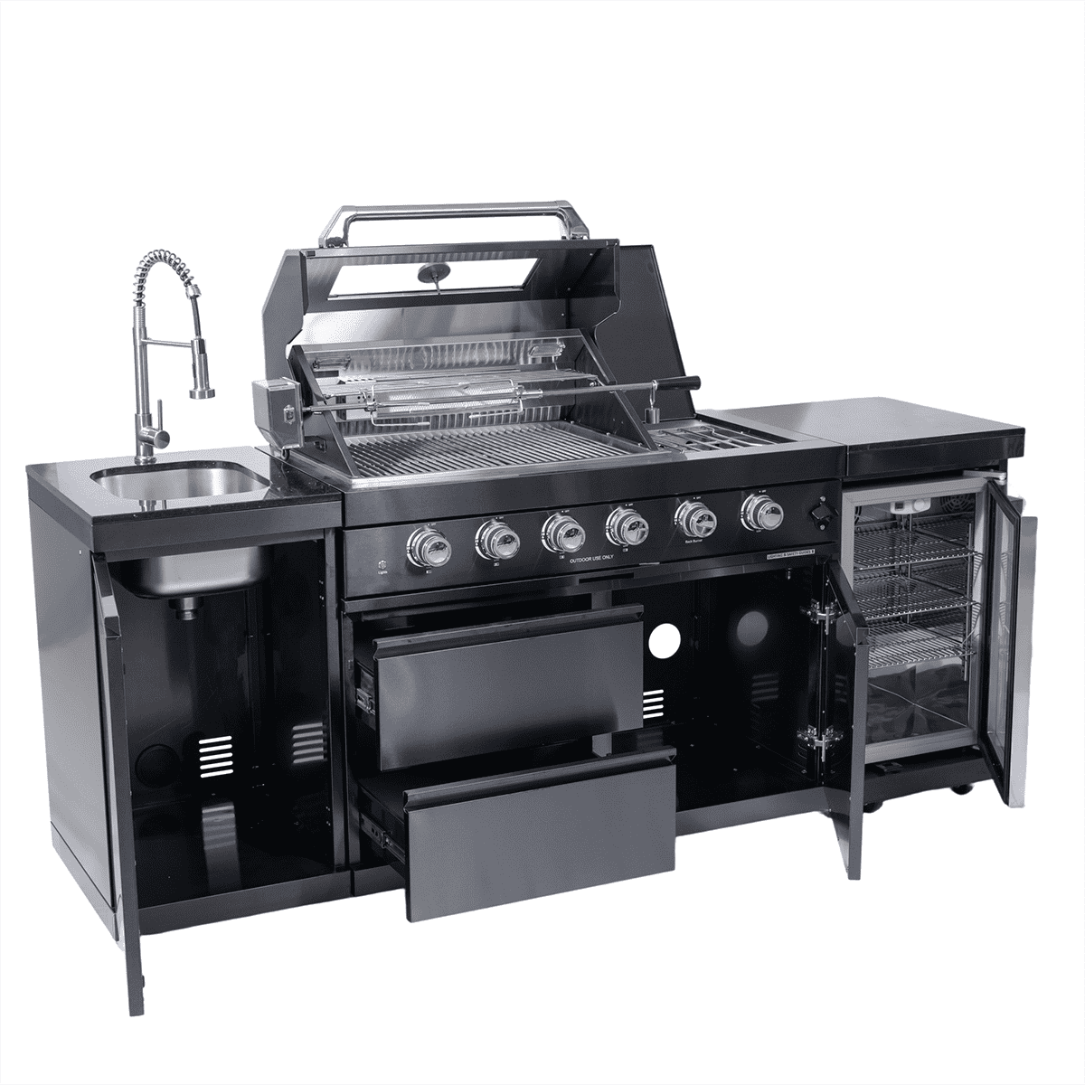 NG 85" 4-Burner 72,000 BTU Black Outdoor Kitchen Island Grill + Refrigerator + Sink by Chery Industrial