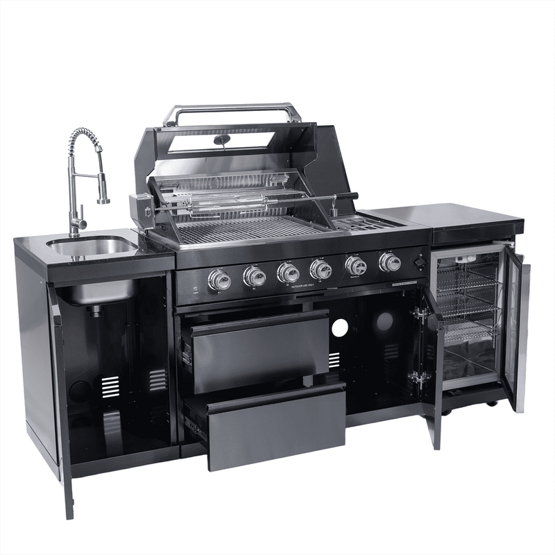 NG 85" 4-Burner 72,000 BTU Black Outdoor Kitchen Island Grill + Refrigerator + Sink by Chery Industrial