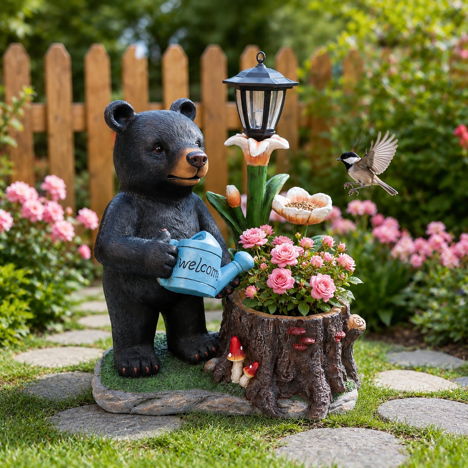 Standing Black Bear Garden Planter with Decorative Solar Lantern by HouseOfZazla