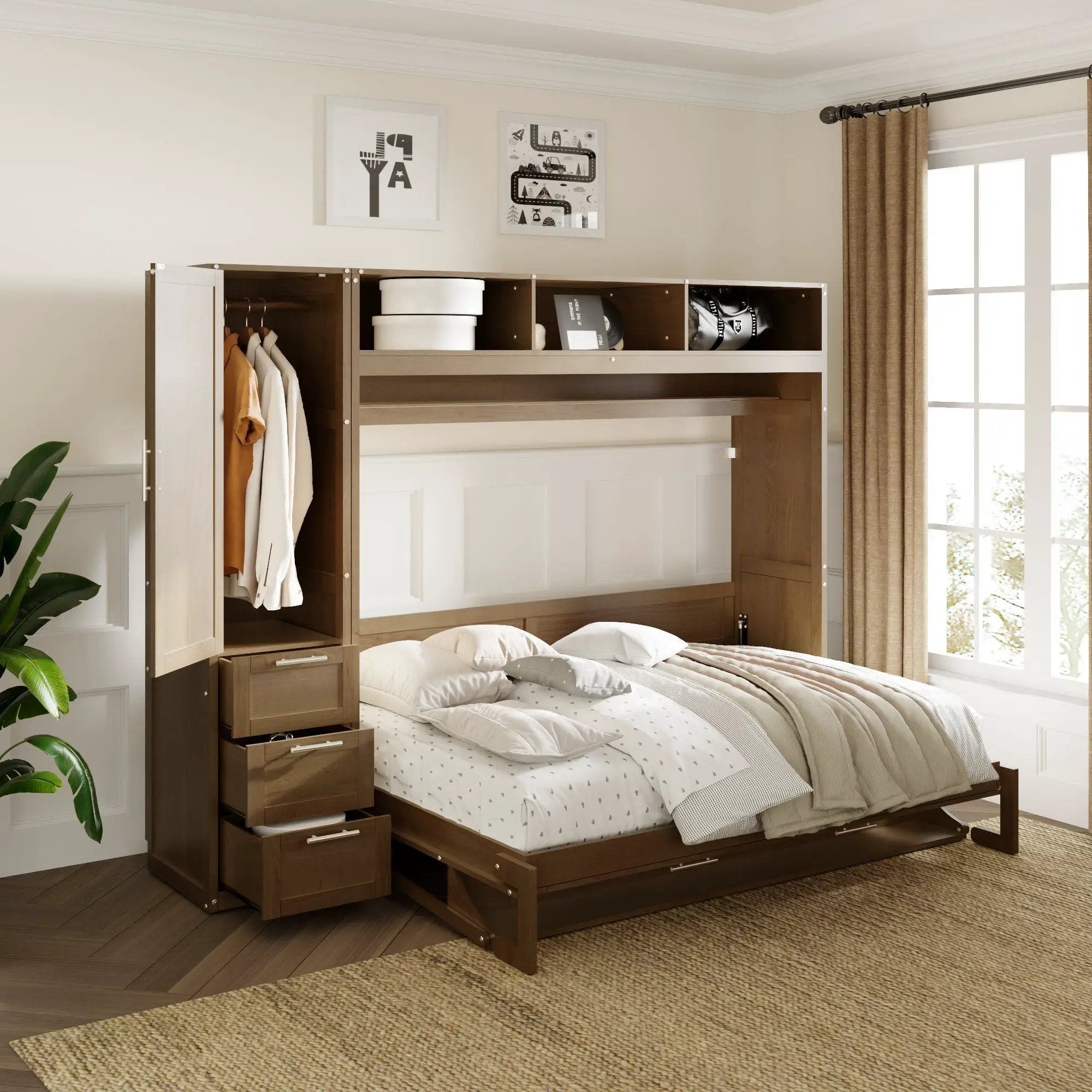 Full Size Murphy Bed With Wardrobe, Drawers, And Open Shelves - Wood by HouseOfZazla