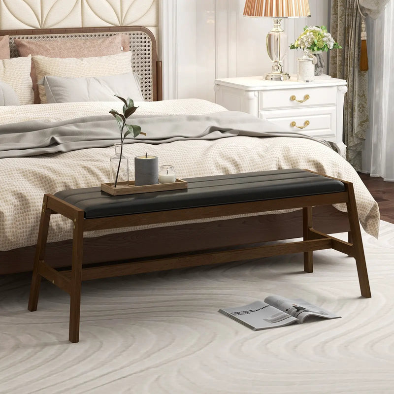 50 Inch Long Solid Wood Dining Bench Upholstered Table Bench with Faux Leather Padded Seat-Walnut by DirectDeals