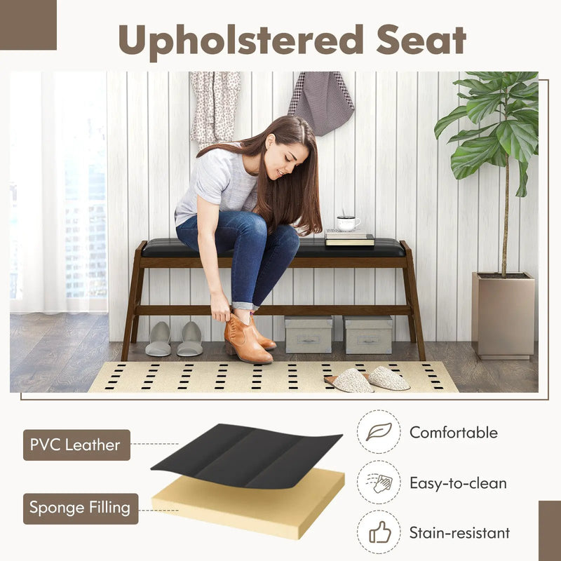 50 Inch Long Solid Wood Dining Bench Upholstered Table Bench with Faux Leather Padded Seat-Walnut by DirectDeals