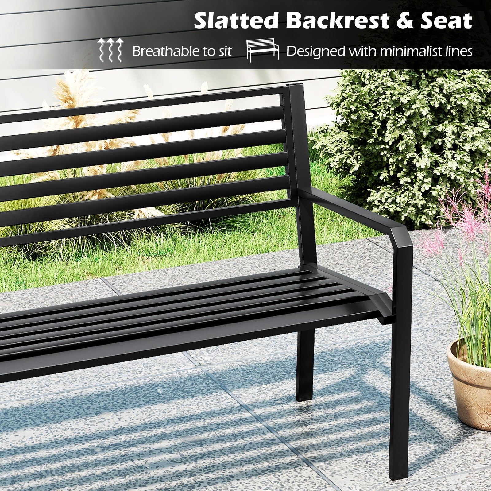 50 Inch Outdoor Metal Park Bench Patio Slatted Garden Bench for 2-3 People-Black by DirectDeals
