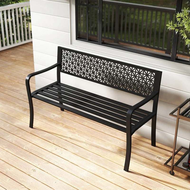 50 Inch Garden Bench with Patterned Backrest and Curved Armrests for 2-3 Person-Black by DirectDeals