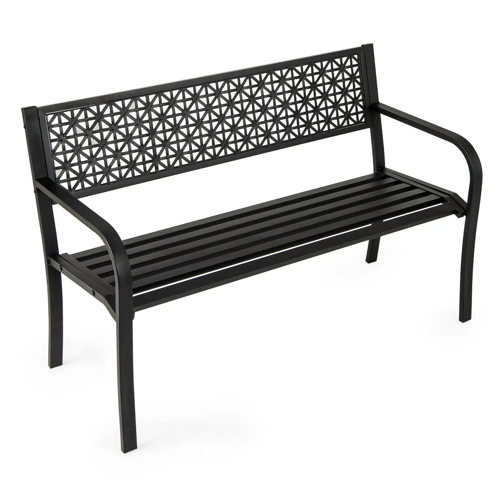 50 Inch Garden Bench with Patterned Backrest and Curved Armrests for 2-3 Person-Black by DirectDeals