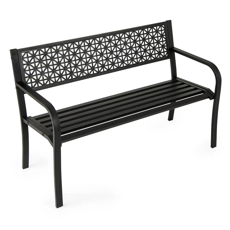 50 Inch Garden Bench with Patterned Backrest and Curved Armrests for 2-3 Person-Black by DirectDeals