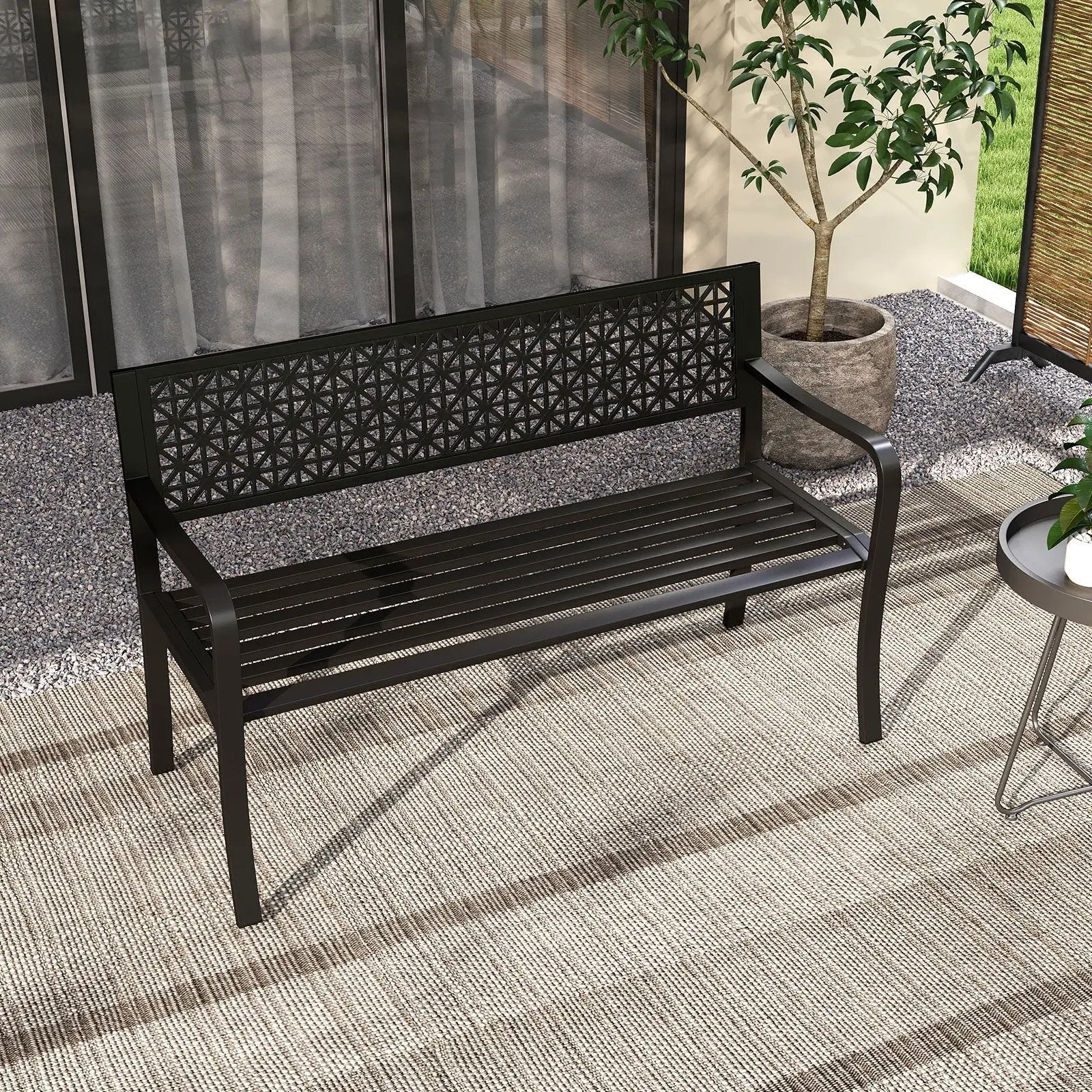 50 Inch Garden Bench with Patterned Backrest and Curved Armrests for 2-3 Person-Black by DirectDeals