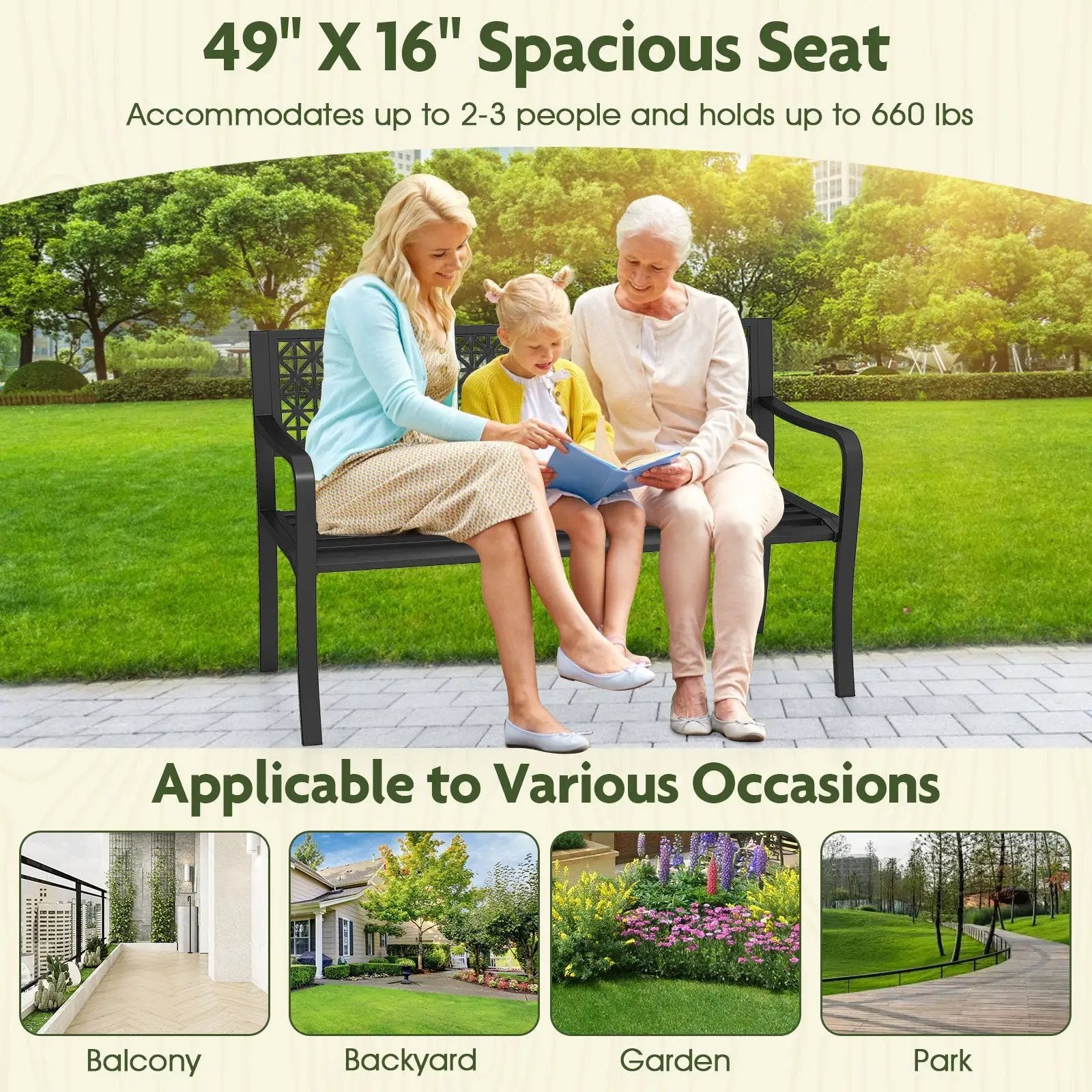 50 Inch Garden Bench with Patterned Backrest and Curved Armrests for 2-3 Person-Black by DirectDeals