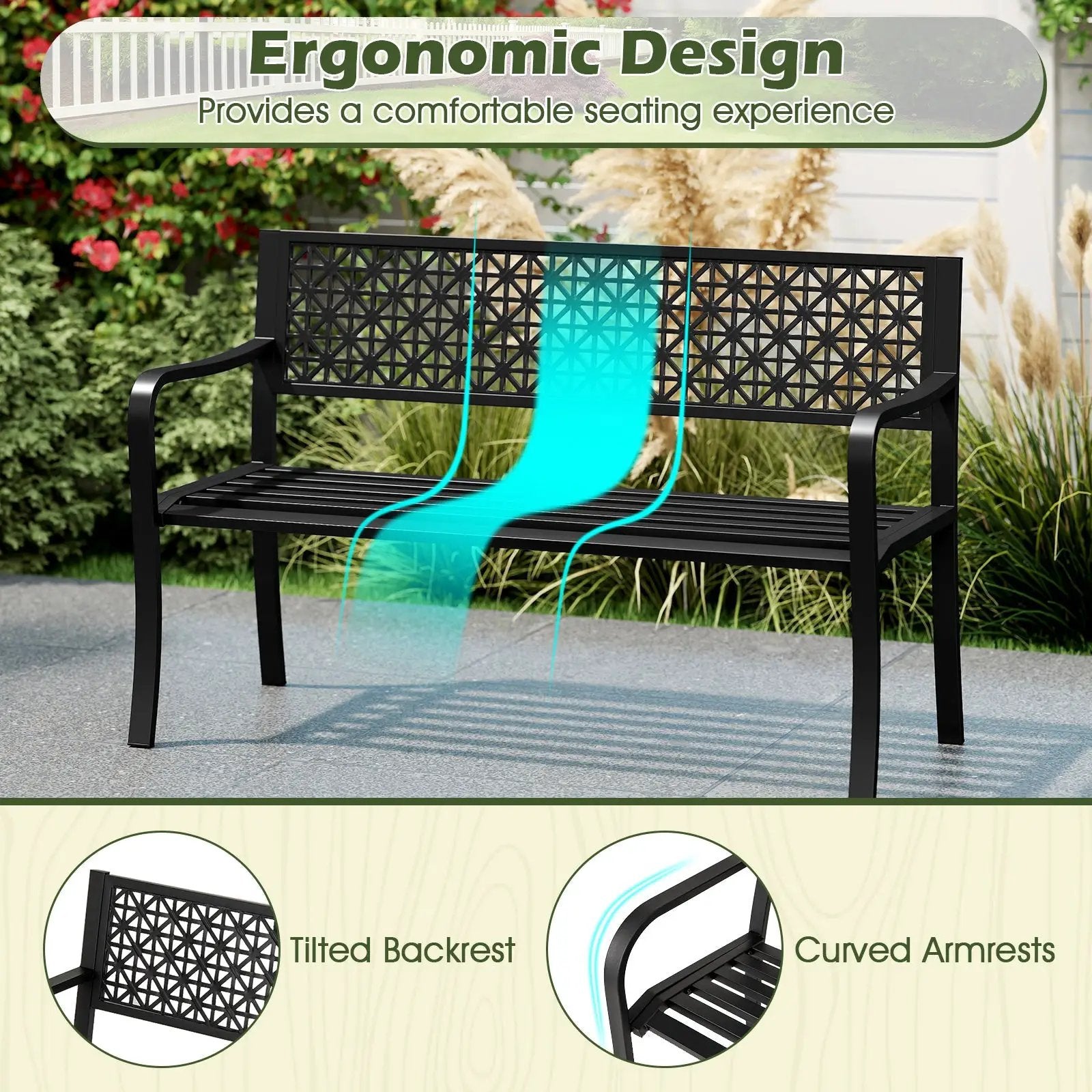 50 Inch Garden Bench with Patterned Backrest and Curved Armrests for 2-3 Person-Black by DirectDeals